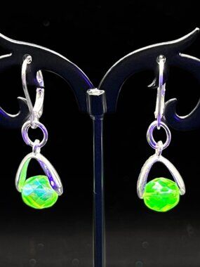 Uranium Glass Silver-Plated Leverback Drop Earrings Salvaged Beads UV Reactive